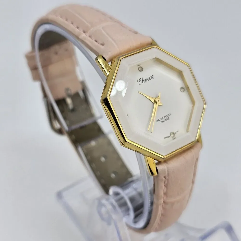 Choice Women's Octagon‎ Watch 30MM White Dial New Pink Leather Bands New Battery